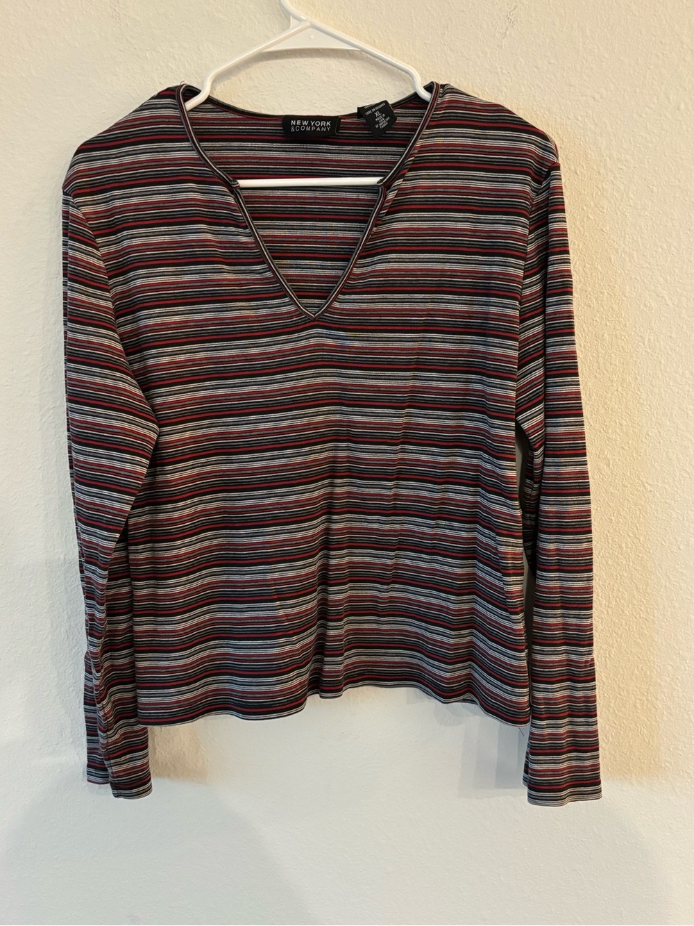 New York & Company Striped V-Neck Long Sleeve Top - Black, Red, Gray, Blue